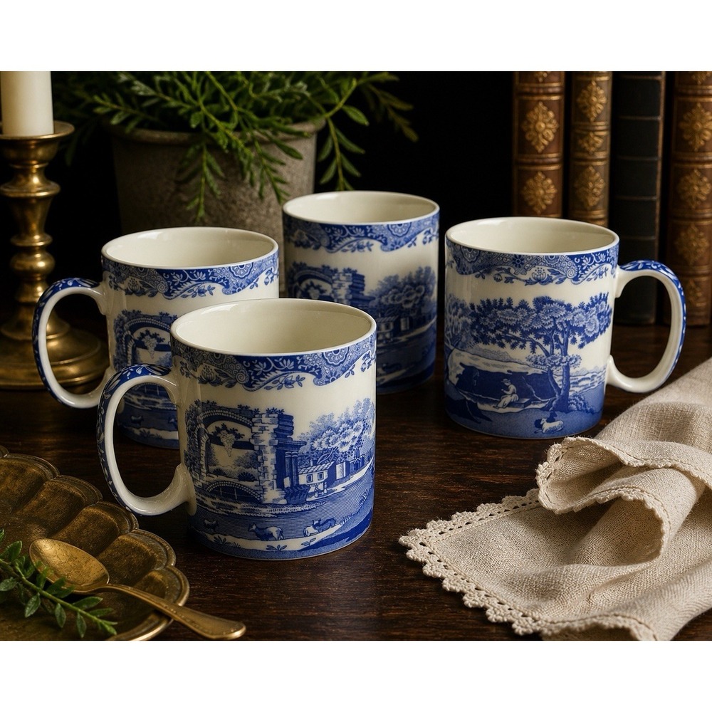 Set of 4 Spode "Italian" C1816 Mugs Scenic England Blue & White Transferware